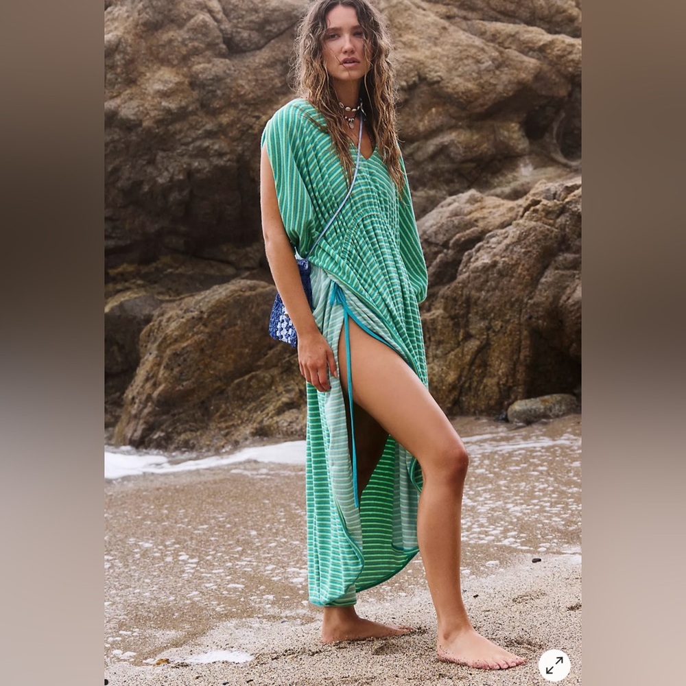 Free People Green Striped Terry Cloth Kaftan Billowy Beach Midi Dress NWT🔖